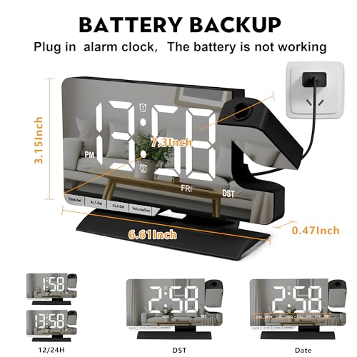 Digital Projection Alarm Clock with 7.3-Inch Mirror Display