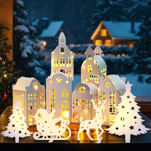 13Pcs Lighted White Christmas Village Houses Set with Trees & Reindeer