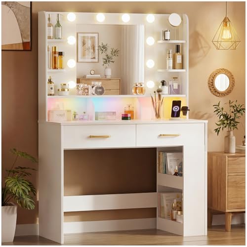 Modern Makeup Vanity Desk with LED Mirror, Charging Station & Storage