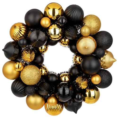 GnFlus Gold & Black Halloween Ball Wreath 13" Xmas Ornament Garland Decor