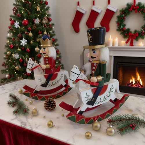 Hand-Painted Wooden Nutcracker Rocking Horse Soldier Figurine - Red, 10-Inch