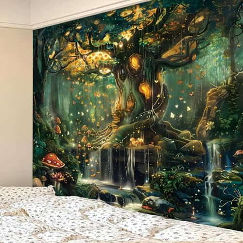 Forest Tree of Life Wall Tapestry - Green Nature Landscape Decor (51"x60")