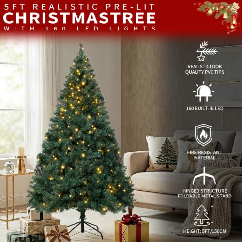 DNKMOR 5FT Christmas Tree with Warm Light - Artificial Xmas Tree for Holiday Decor