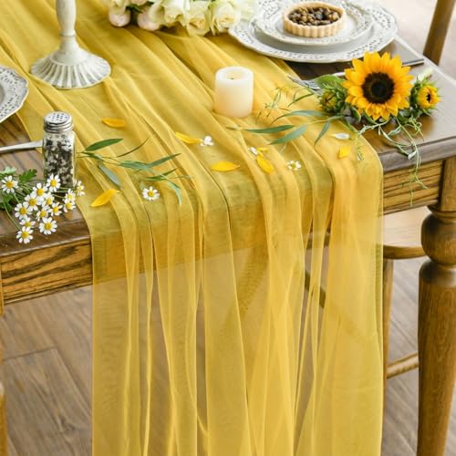 Yellow Gauze Table Runner 120 Inch Long, Sheer Polyester Dining Table Decor
