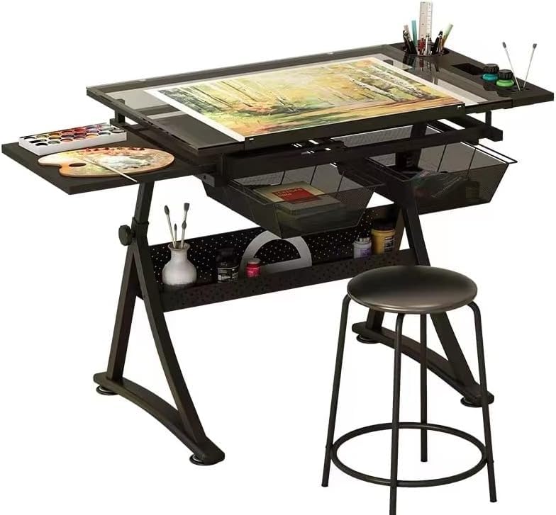 Adjustable Drafting Table with Tilting Glass Top and Storage Drawers