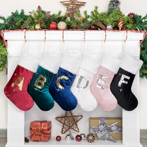 BHD Beauty Initial Green Velvet Silver Sequin Stocking with Monogram Letter C – 20-Inch Christmas Decoration