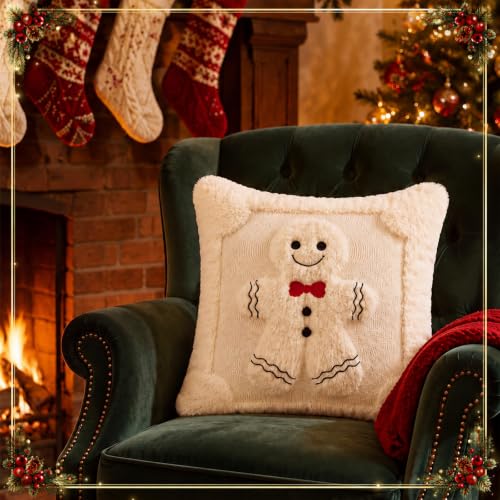 2 Pcs 18x18 Gingerbread Christmas Pillow Covers - 3D Embroidered Velvet - White (Pack of 2)
