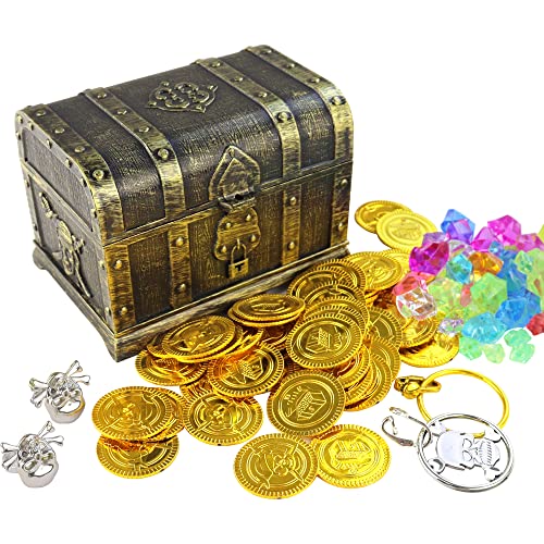 Pirate Treasure Chest Toy Set with Lock, Coins, Gems and Accessories