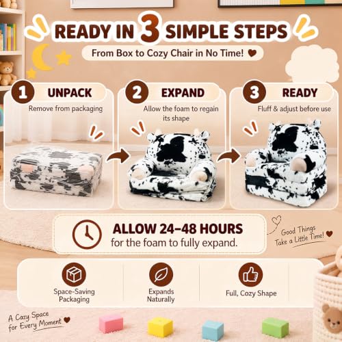 QIUODO Cow Toddler Couch Chair 2-in-1 Foldable Kids Sofa, Soft Plush Play Seat