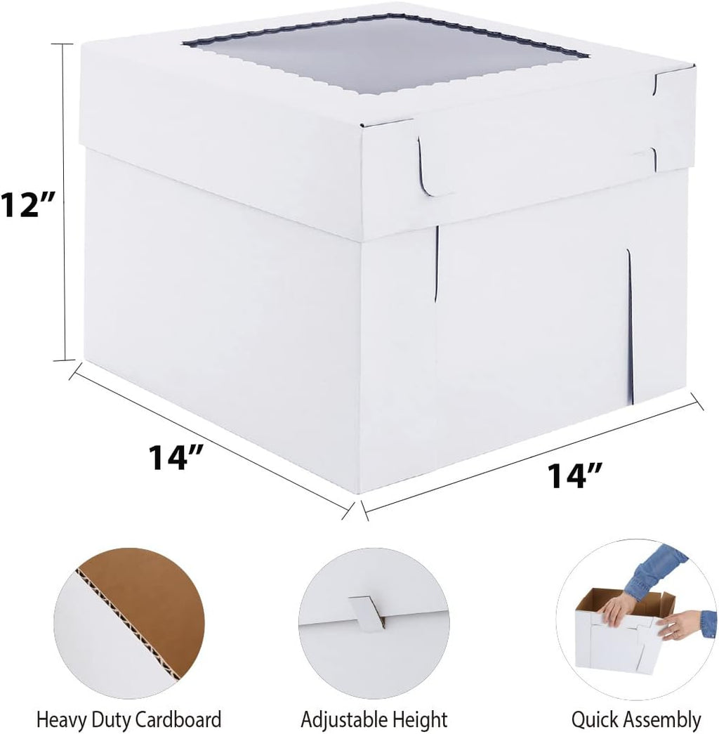Skiennix Tall Cake Boxes - Sturdy 14x14x12 Inch Wedding Cake Carrier | 2 Pack with Window