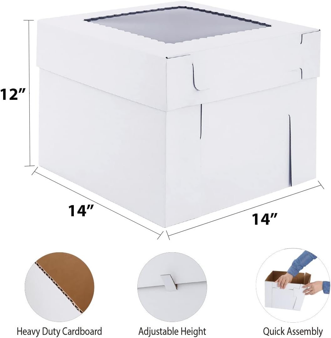 Skiennix Tall Cake Boxes - Sturdy 14x14x12 Inch Wedding Cake Carrier | 2 Pack with Window