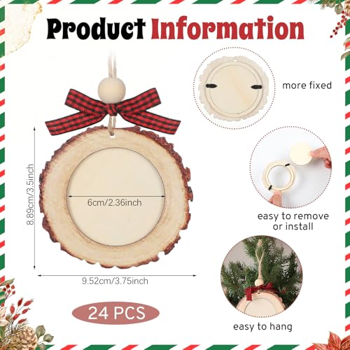 Wonderjune Red & Black Round Wooden Christmas Picture Frame Ornaments with Bow - Set of 24