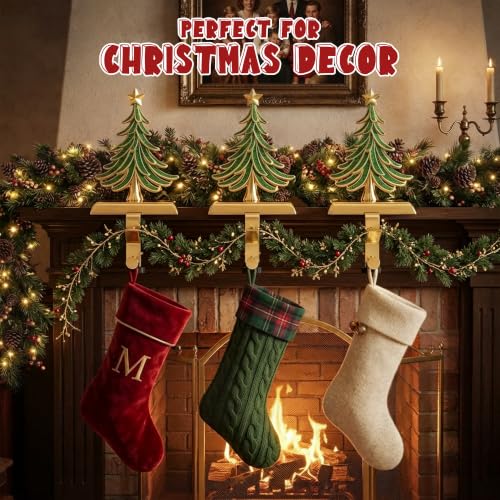 JUSTOTRY Green & Gold 4-Piece Christmas Stocking Holders for Mantle - Adjustable & No-Drill Garland Hangers
