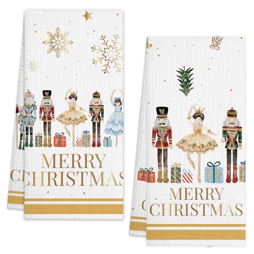 GREOXG Nutcrackers Christmas Kitchen Towels Set of 2, Snowflake Xmas Tree Absorbent Hand Towels, Holiday Decor