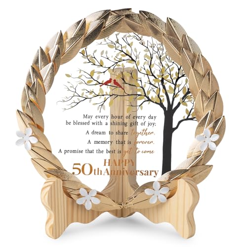 50th Anniversary Crystal Plaque with Golden Wreath Gift for Couples