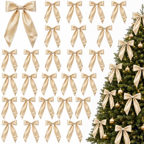 DULEFUN Gold Glitter Christmas Tree Bows Decorations 24 Pack