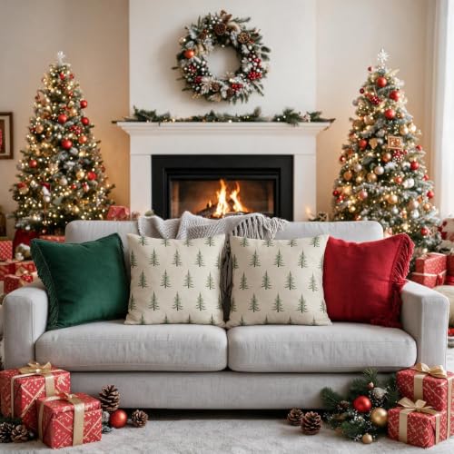 Smozenith Christmas Pillow Covers 18x18 Dark Light Green Set of 2 | Xmas Tree Decor