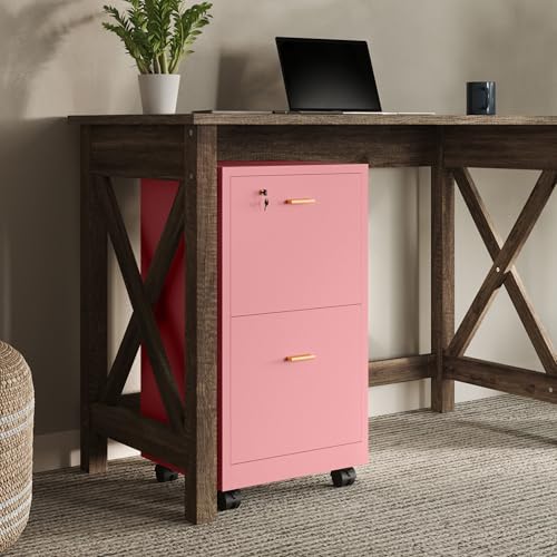 2-Drawer Rolling File Cabinet with Lock, Pink Wooden Under Desk Organizer