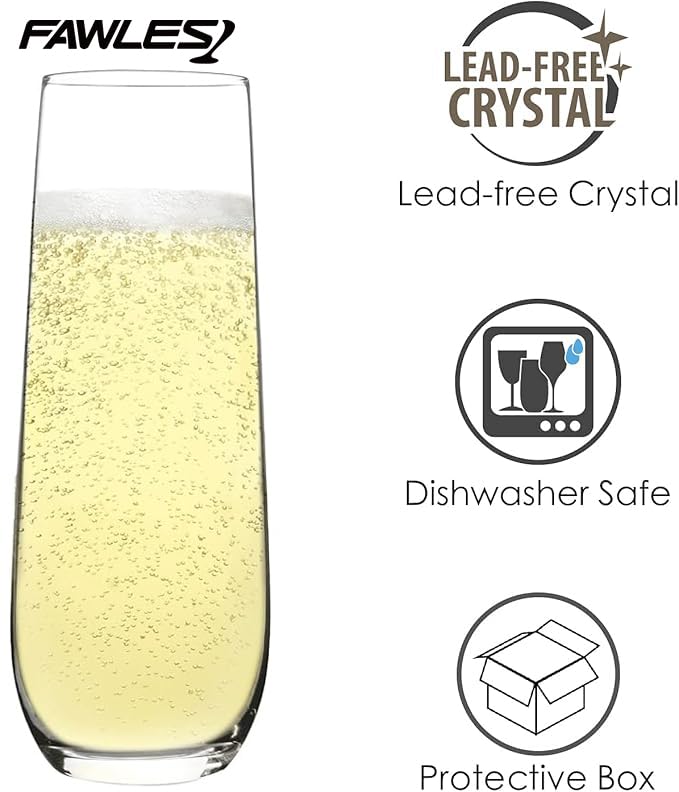FAWLES Set of 12 Stemless Champagne Flutes 8 oz Crystal Glasses for Mimosas & Prosecco