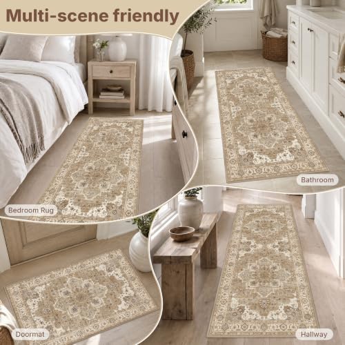 Articosy 3-Piece Boho Kitchen Rug Set with Runner - Washable Non-Slip, Low Pile, Stain Resistant, Beige Cream