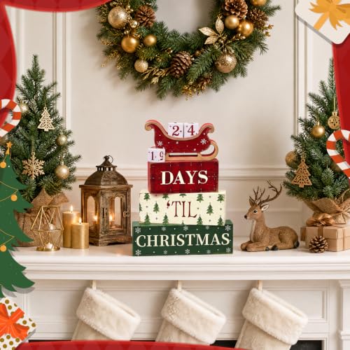 BORORO Christmas Countdown Sleigh Decor - Rustic Wood Countdown Blocks, Days ’Til Christmas, One Size