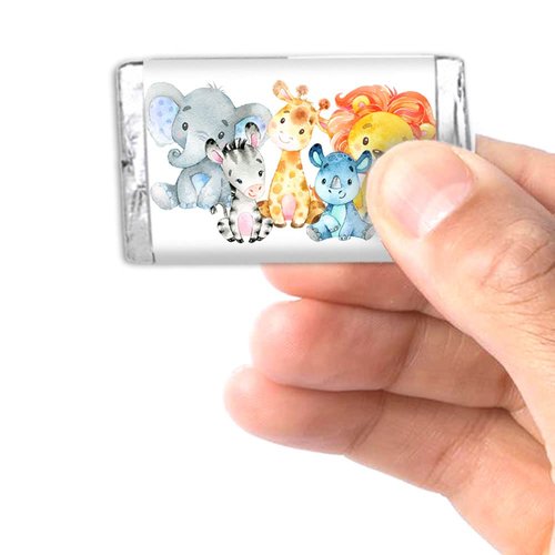 Amanda Creation Watercolor Jungle Animals Boy Baby Sprinkle Baby Shower Mini Chocolate Candy Bar Sticker Wrappers, 45 1.4" x 2.6" Wrap Around Labels, Great for Party Favors