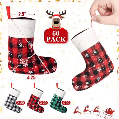 Laumoi Mini Christmas Stockings Bulk 5 Inch Buffalo Plaid Holiday Decor (60 Pieces)