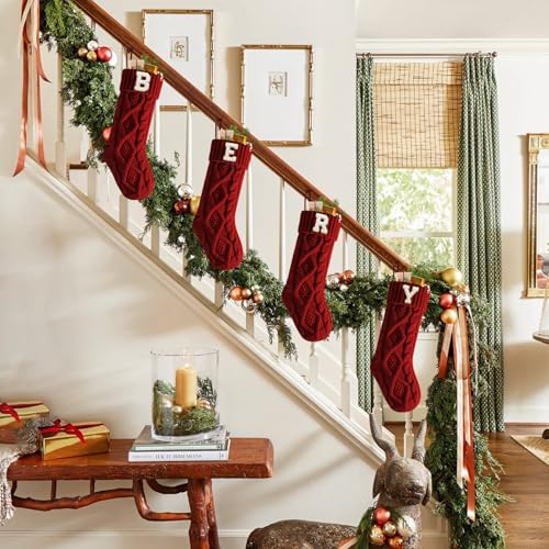 18 Inches B Burgundy Personalized Initial Monogram Christmas Stocking, Embroidered Gold Edge