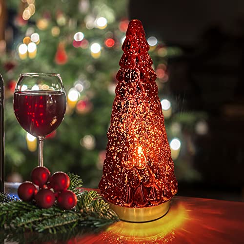 Red Mercury Glass Christmas Tree Set of 2 - 10 Inch Tabletop Xmas Decor with Lights - Battery Operated