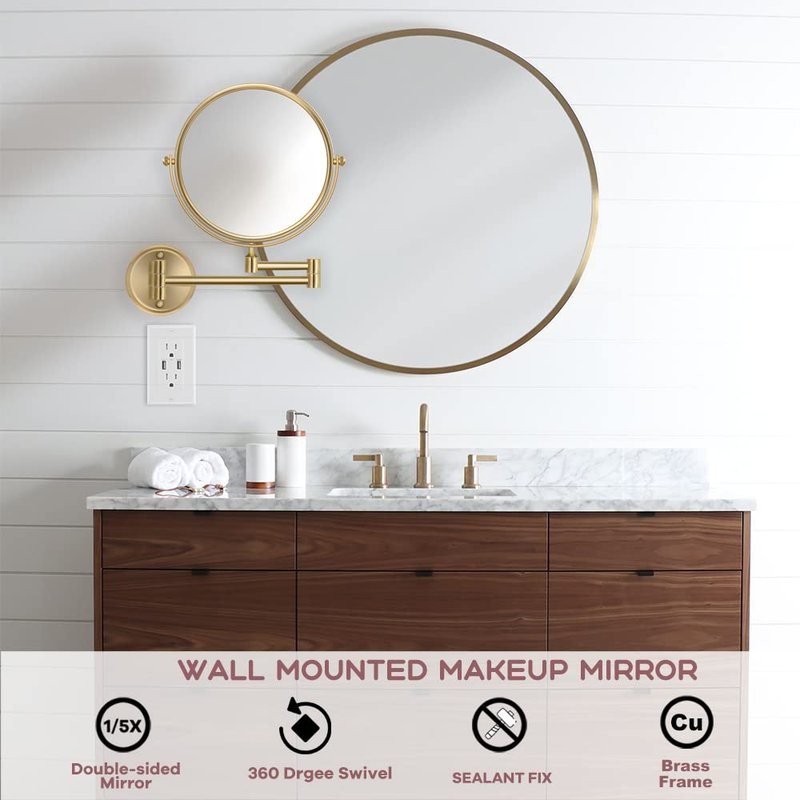 RECKODOR 8 Inch Bathroom Makeup Mirror Wall Mounted Gold, 360 Swivel Vanity Mirror with Magnification, Extendable Arm, 1X/5X Two-Sided, Brass Material, Brushed Light Gold