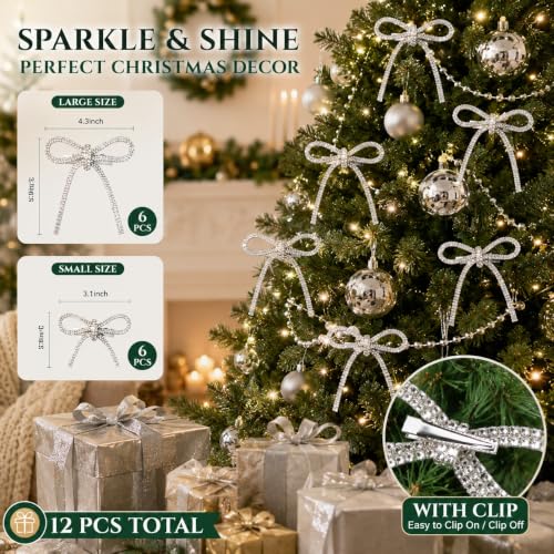SEWACC Silver Christmas Bows with Clips 12 Pack, Rhinestone Tree Decorations