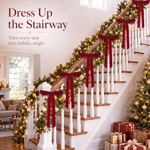 Giegxin Burgundy Velvet Christmas Bow Ornaments 8 x 13 Inches, Set of 12