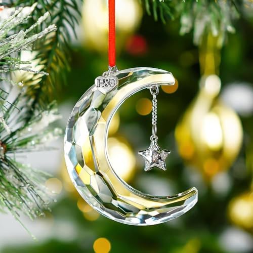 2026 Clear Crystal Moon Hanging Ornament Suncatcher – 3in x 6.4cm, H&D HYALINE & DORA, Includes Gift Box & Ribbon, Variation: Clear Moon Christmas