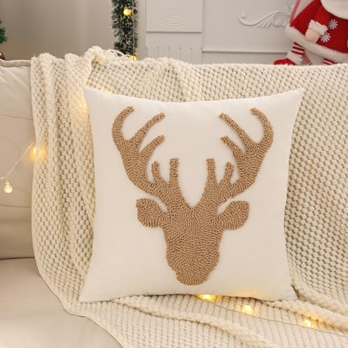 LUOYEHK Caramel Reindeer Christmas Pillow Covers 18x18 Set of 2 Rustic Holiday Decor