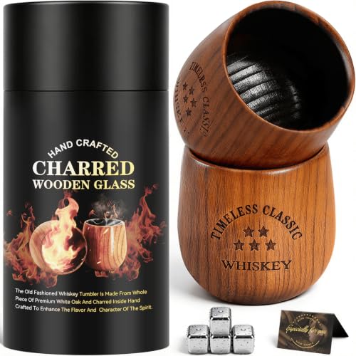 SALUNA 2 Pack Charred Wooden Bourbon Drinking Glasses - Oak Whiskey Tumbler, Personalized Gifts for Men & Dad