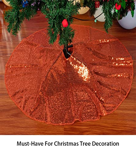 ShinyBeauty 48-Inch Orange Embroidered Sequin Christmas Tree Skirt (Sequin Fabric, One-Piece, Hook & Loop) - for 6-8 ft Trees