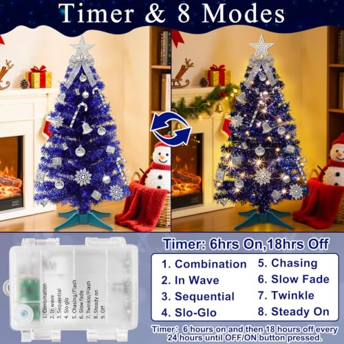 Blue 3Ft Christmas Tree with Ornaments & Warm White Lights - Hanukkah Decor with Timer