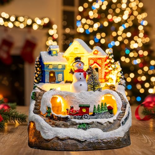 Animated Musical Christmas Village Decor with Rotating Train & LED Lights