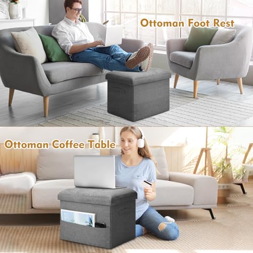 17-Inch Folding Storage Ottoman with Side Pocket, Dark Gray Linen Footstool