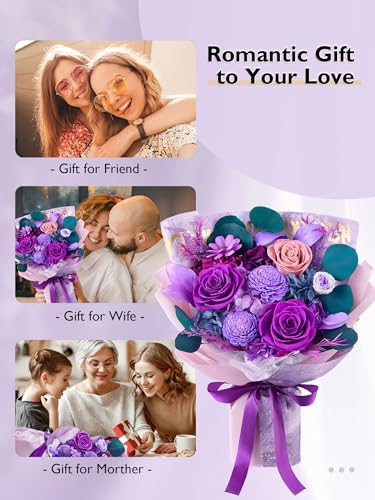 Preserved Purple Roses Bouquet - Real Long-Lasting Flower Gift for Home & Special Occasions