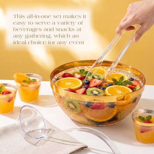 1.4 Gallon Gold Trim Punch Bowl Set with 25 Cups, Ladle and Tongs