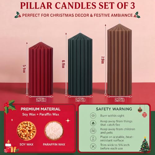 Mtlee 3-Pack Christmas Ribbed Pillar Candles - Burgundy, Forest Green, Brown (Christmas Vintage)