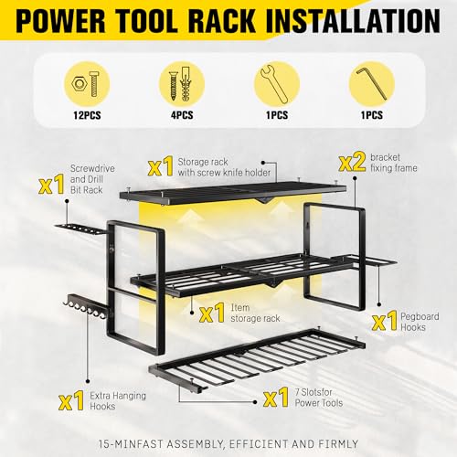 Heavy Duty 3-Tier Power Tool Organizer Wall Mount with 7 Drill Holders