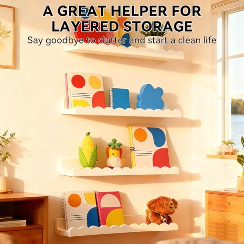 Set of 4 Scalloped Floating Wall Shelves for Nursery and Kids Room