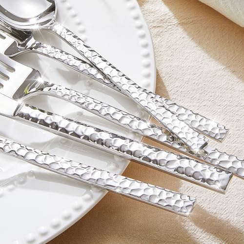 40-Piece Hammered Stainless Steel Flatware Set for 8 - Mirror Polished