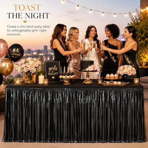 4-Pack Black Foil Fringe Table Skirt, Metallic Tinsel Party Decorations