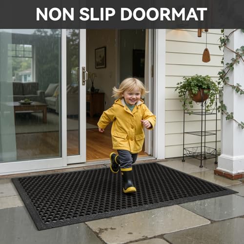 Heavy Duty Rubber Door Mat 17x30 Inch - Non-Slip Waterproof Outdoor Doormat