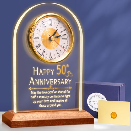 50th Wedding Anniversary Desk Clock with LED Light and Wooden Base