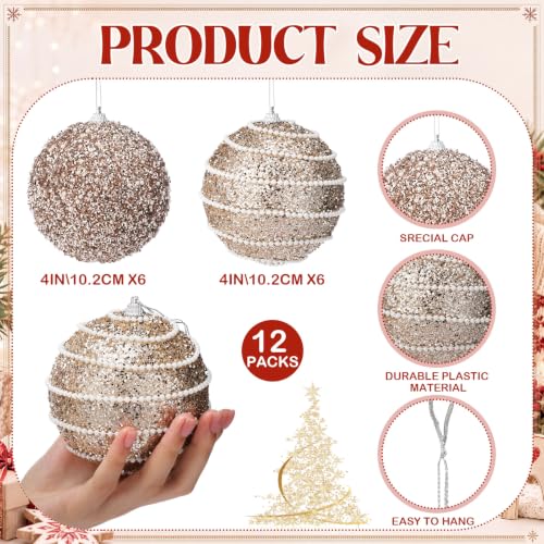 Champagne Gold Christmas Ball Ornaments 12 Pack - 3.94 in Large Pearl Accents