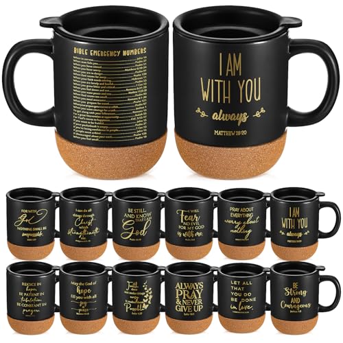 FillTouch 12-Piece Christian Mugs Set 15 oz Black with Lids & Cork Bottom - Bulk Gift, Father’s Day/Pastor Appreciation